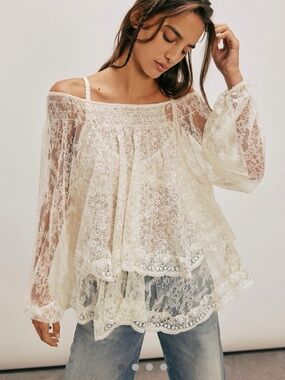 Free People Ivory Lace Off-Shoulder Peasant Blouse